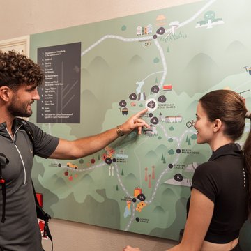 Gudruns Blog: alles über Sterzing, übers Wandern, über Tirol Mann zeigt Frau Standort auf einer Touristenkarte an der Wand