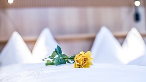 Hiking in Sterzing and the surrounding area Yellow rose lying on white bed with white pillows in the background